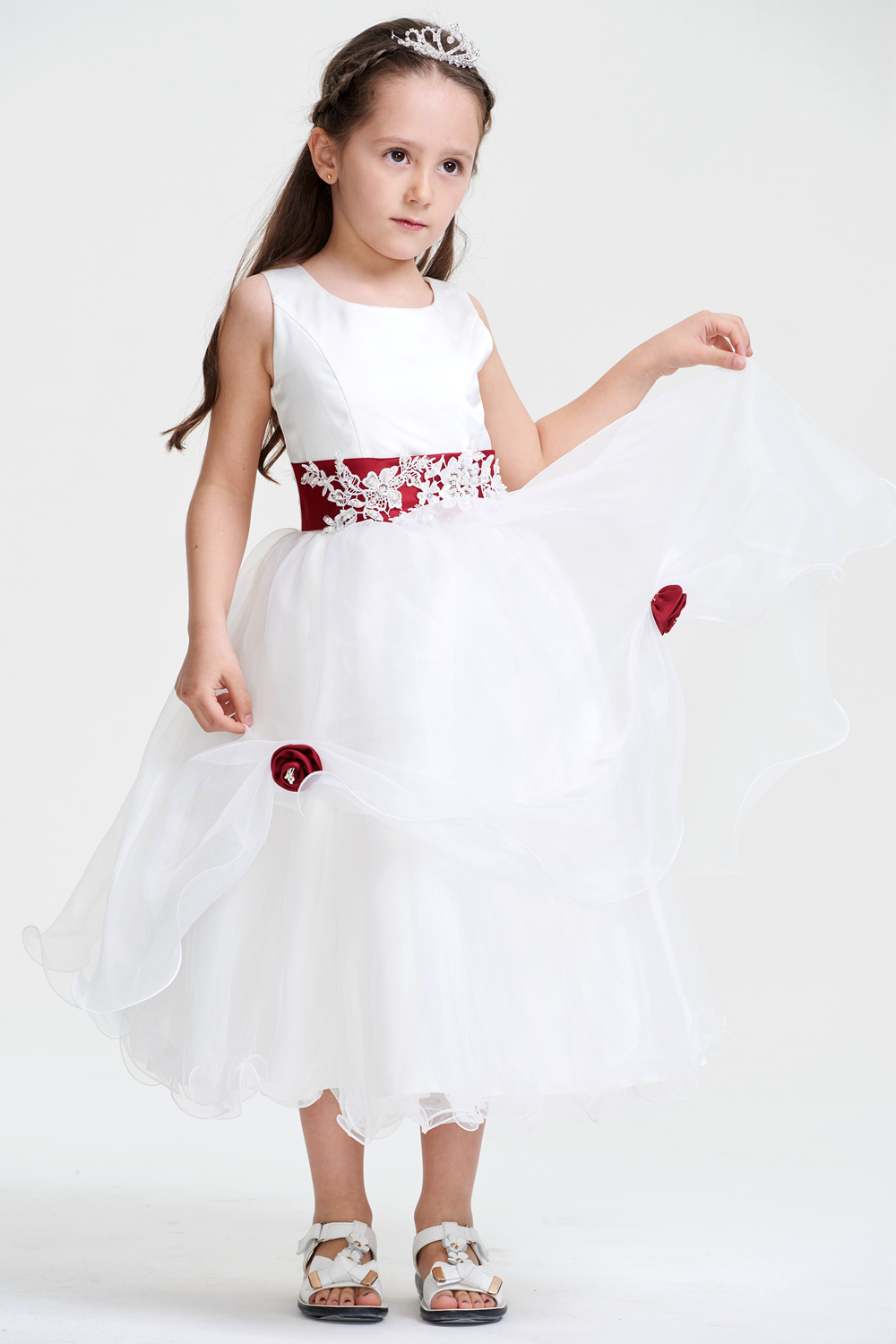 Tea-Length Organza Flower Girl Dress with Appliqued Sash
