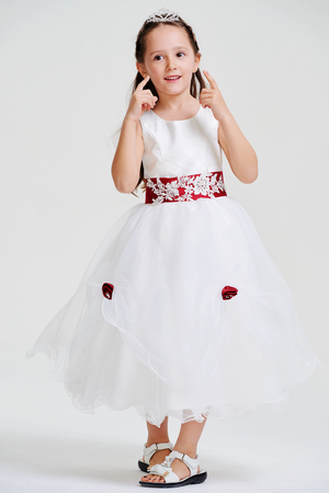 Ivory-Burgundy Tea-Length Organza Flower Girl Dress with Appliqued Sash