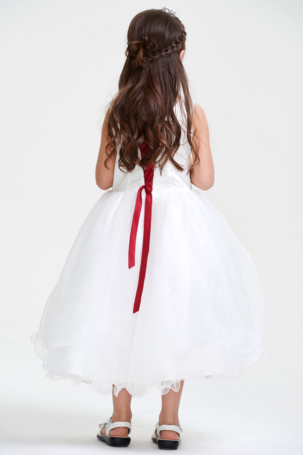 Ivory-Burgundy Tea-Length Organza Flower Girl Dress with Appliqued Sash