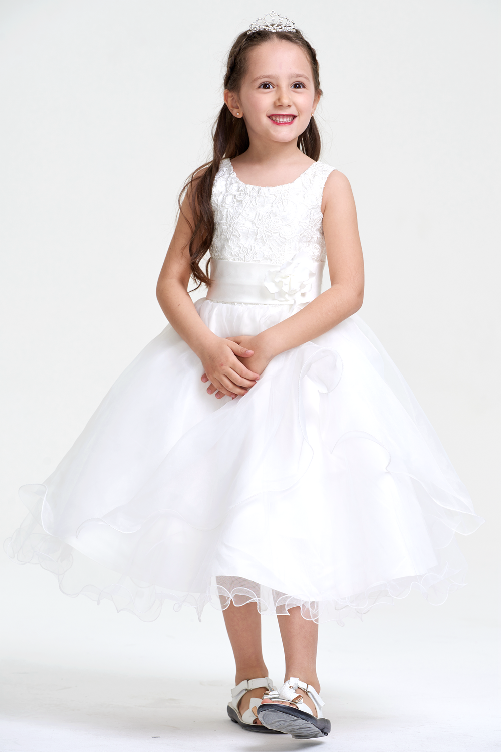 Ruffled Organza A-Line Flower Girl Dress with Floral Sash