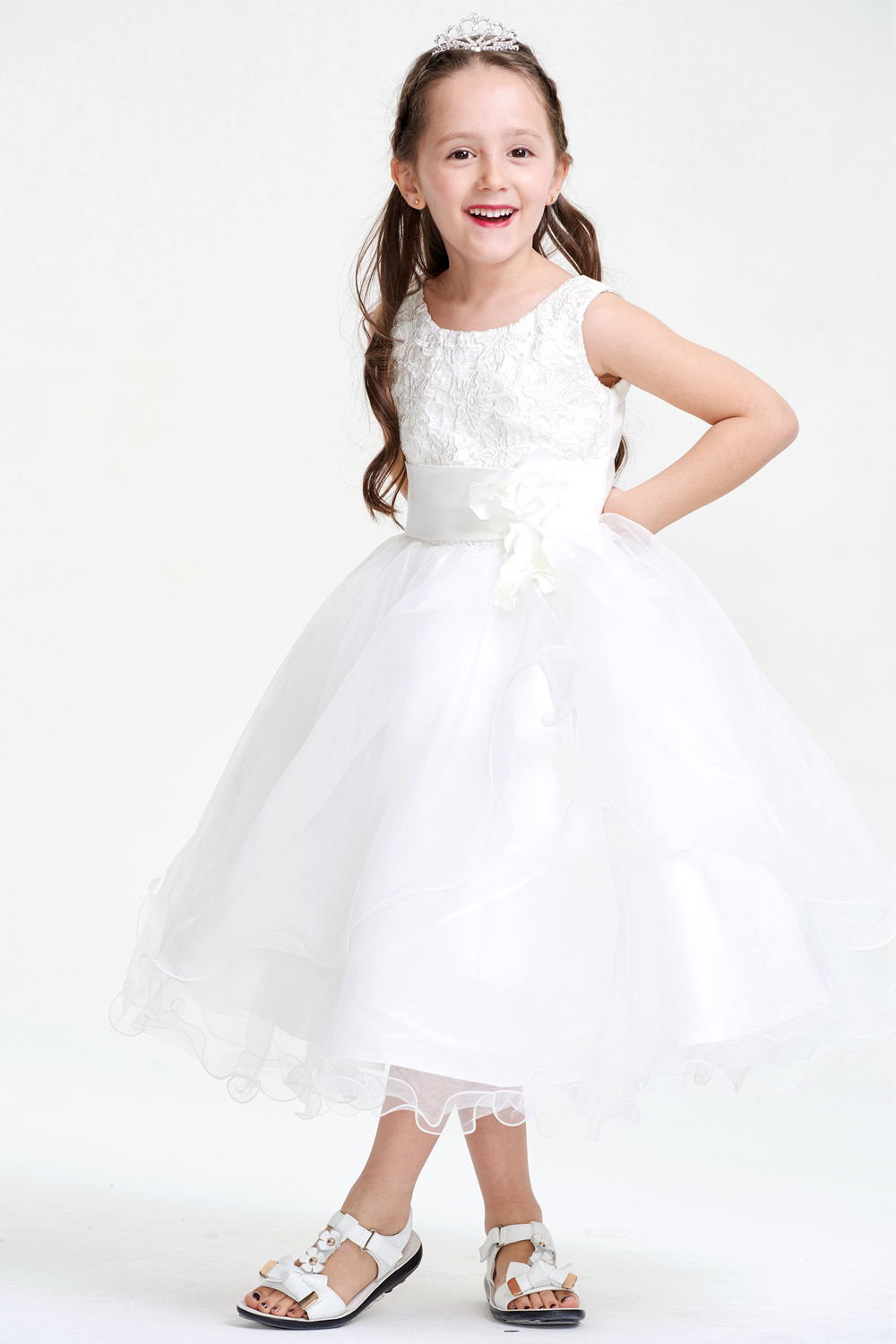 Ruffled Organza A-Line Flower Girl Dress with Floral Sash