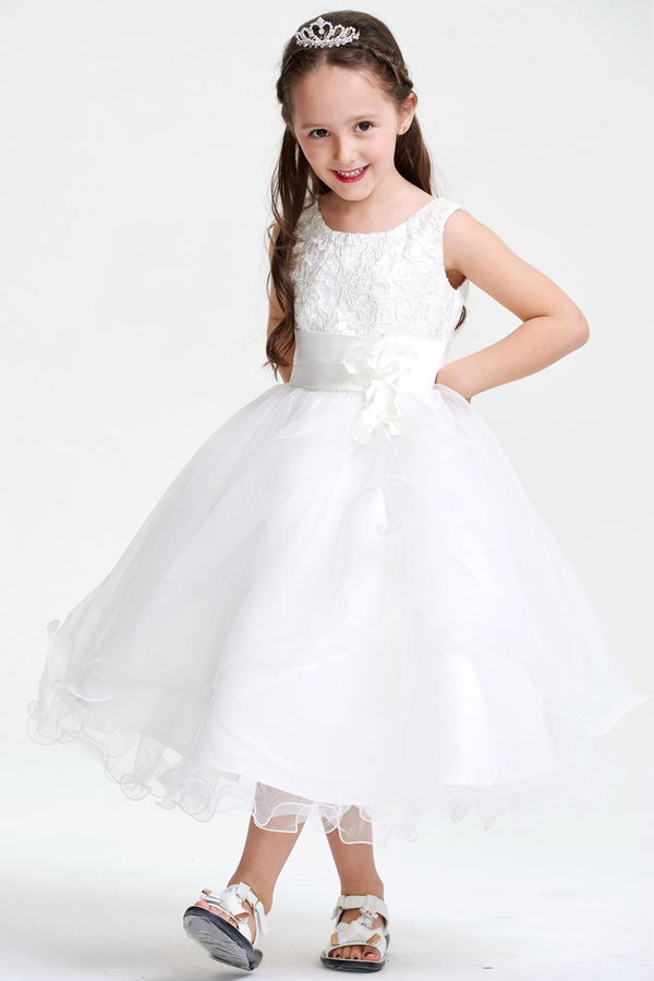 Ivory Ruffled Organza Flower Girl Dress with Lace Bodice and Floral Sash