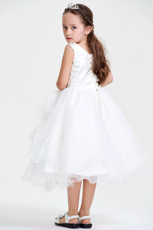 Ivory Ruffled Organza Flower Girl Dress with Lace Bodice and Floral Sash
