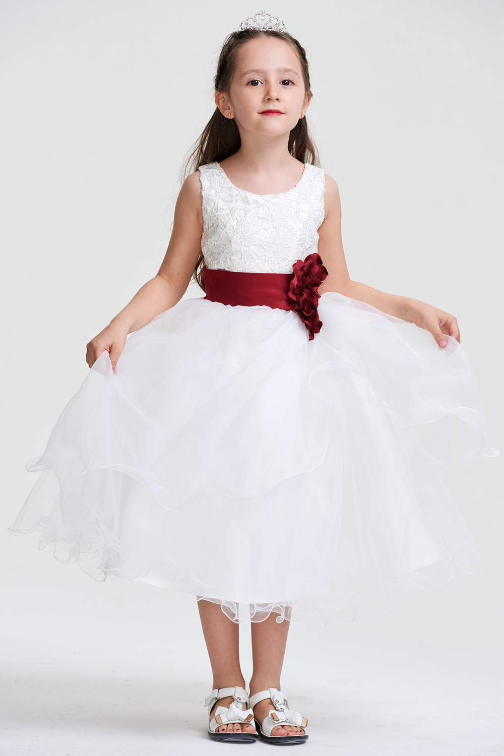 Ruffled Organza A-Line Flower Girl Dress with Floral Sash