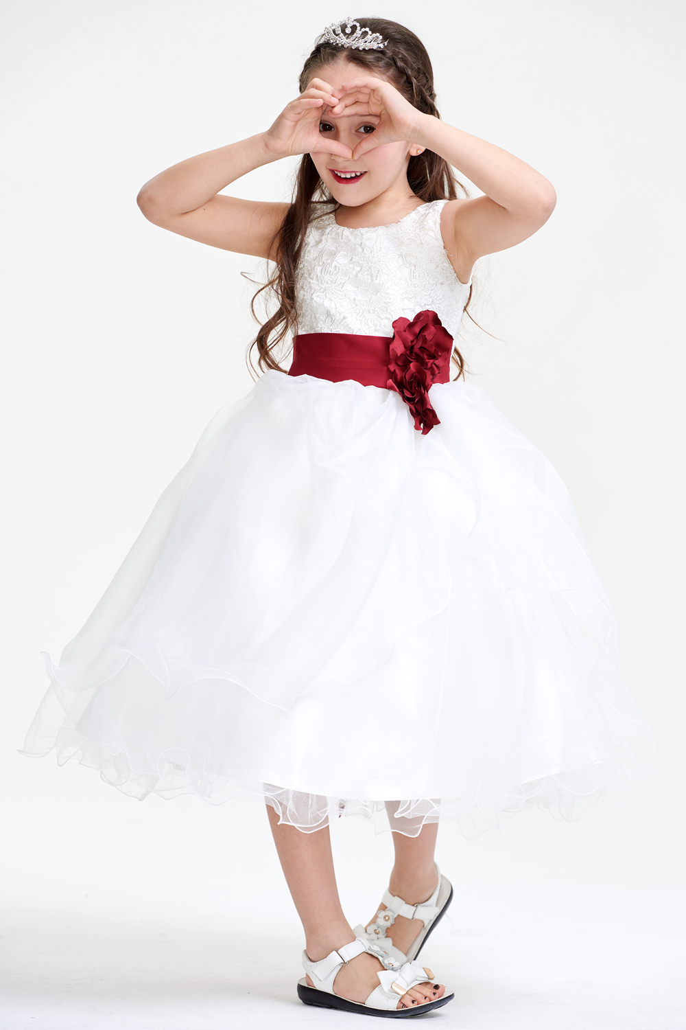 Ruffled Organza A-Line Flower Girl Dress with Floral Sash