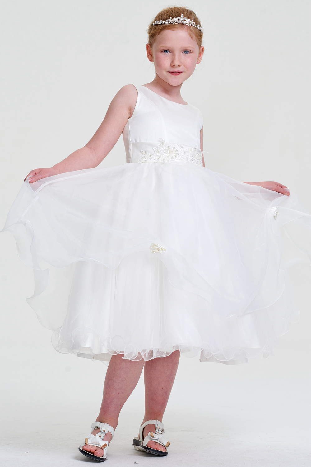 Tea-Length Organza Flower Girl Dress with Appliqued Sash