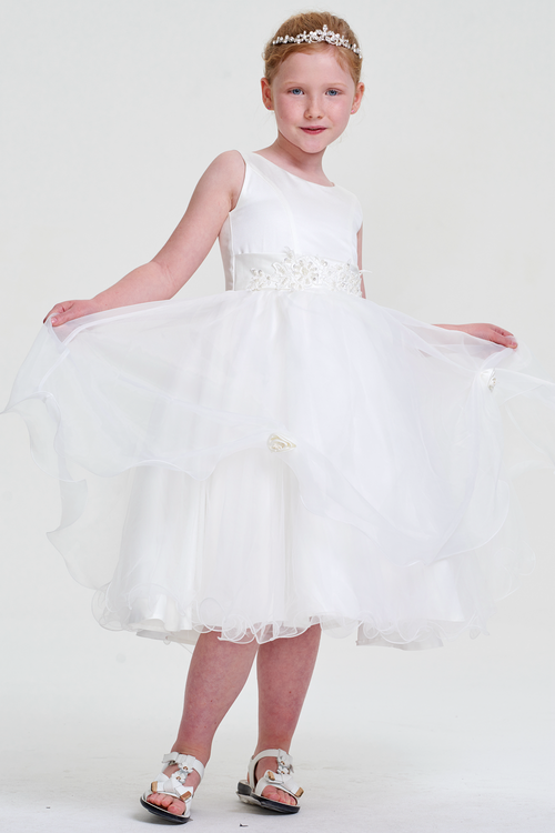 Ivory Tea-Length Organza Flower Girl Dress with Appliqued Sash
