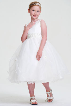 Ivory Tea-Length Organza Flower Girl Dress with Appliqued Sash