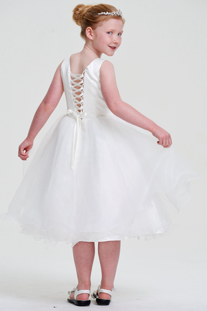 Ivory Tea-Length Organza Flower Girl Dress with Appliqued Sash