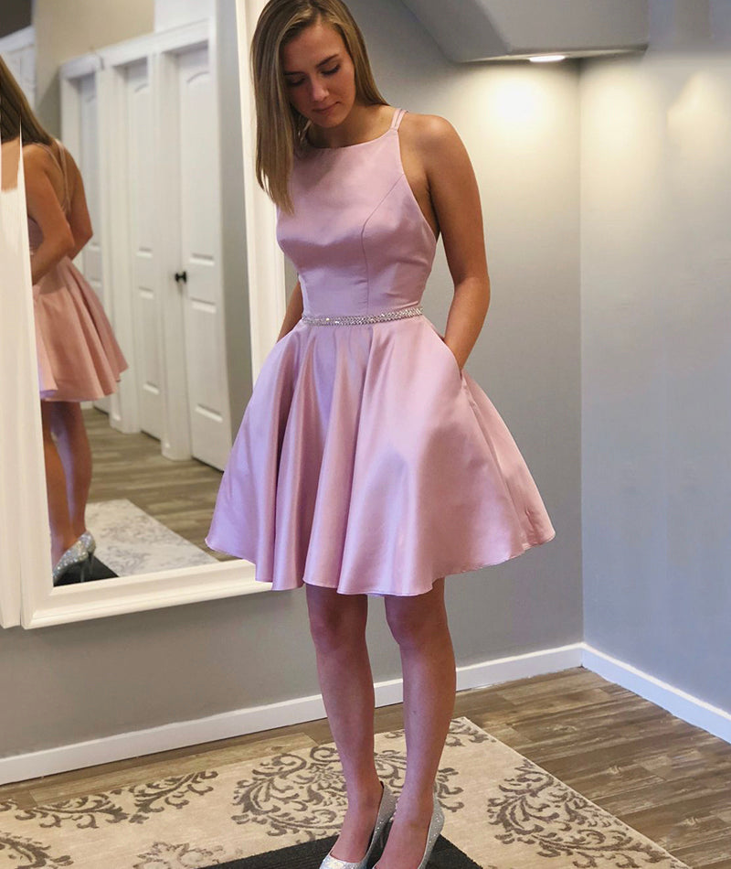 Short Pink Backless Scoop Neck Satin Dress With Waist Sequin Band