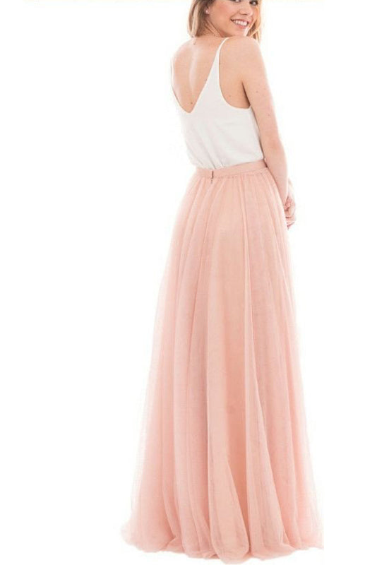 Two-Piece Simple V-Neck Sleeveless Tulle Ruched A-Line Long Bridesmaid Dress Secondary image
