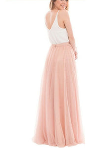 Two-Piece Simple V-Neck Sleeveless Tulle Ruched A-Line Long Bridesmaid Dress