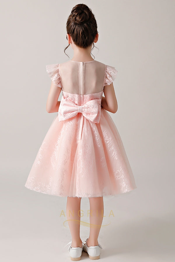 Short 3D Floral Tulle A-Line Flower Girl Dress with Cap Sleeves
