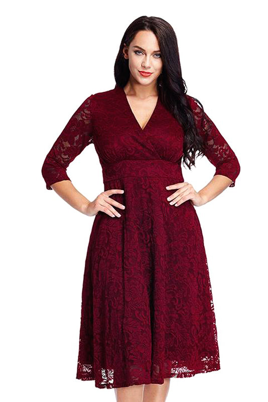 Short 3/4-Sleeve V-Neck Lace A-Line Mother of the Bride Dress