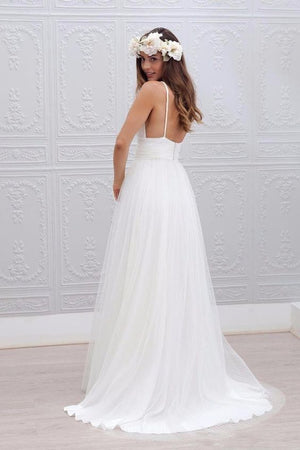 Spaghetti Straps Ruched Tulle Boho Beach Wedding Dress