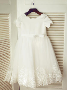 A-line Flower Neckline Cap Sleeves Tulle Skirt Satin Belt Flower Girl Dress