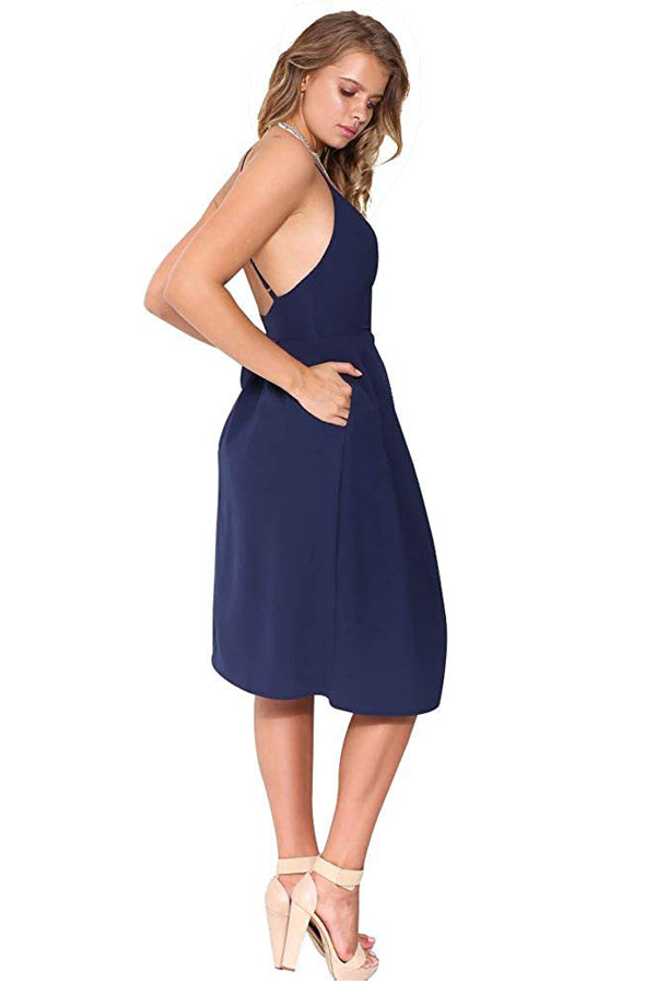Crisscross-Back Pleated Stretch Satin Cocktail Dress with Pockets