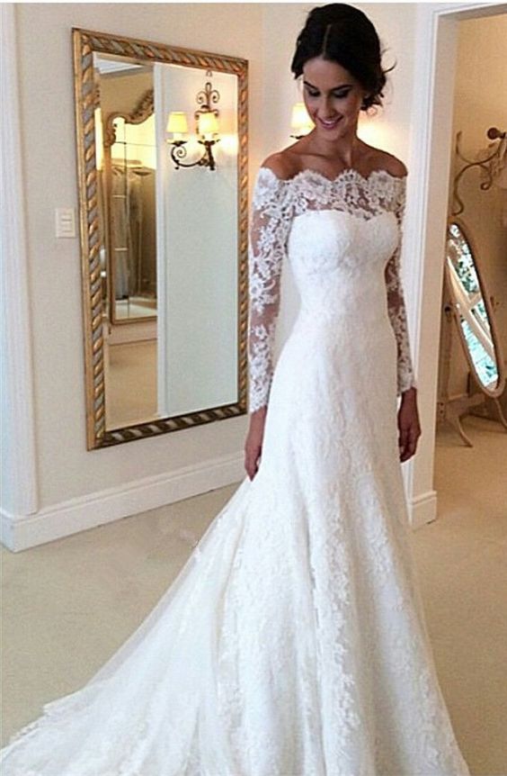 Off-the-shoulder Full/Long Sleeves Lace Bridal Wedding Dresses – Angrila