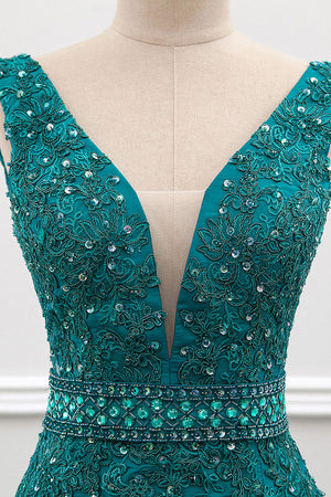 Beaded Plunging Stretch Satin Mermaid Evening Gown