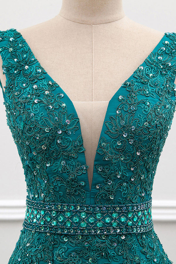 Beaded Plunging Stretch Satin Mermaid Evening Gown