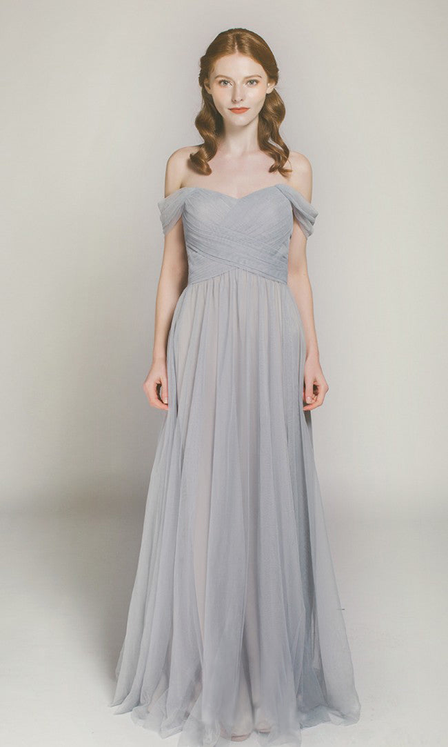 Off-the-Shoulder Crossover Tulle A-Line Bridesmaid Dress