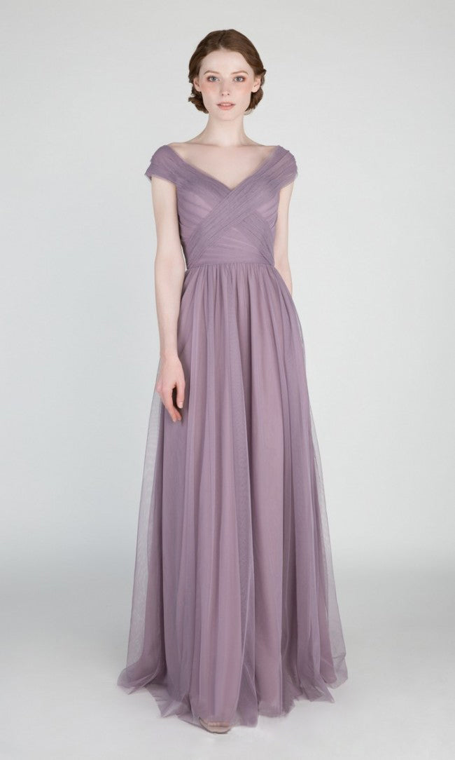 Ruched Cap-Sleeve Tulle A-Line Bridesmaid Dress