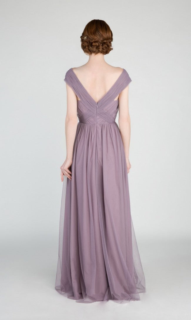 Ruched Cap-Sleeve Tulle A-Line Bridesmaid Dress