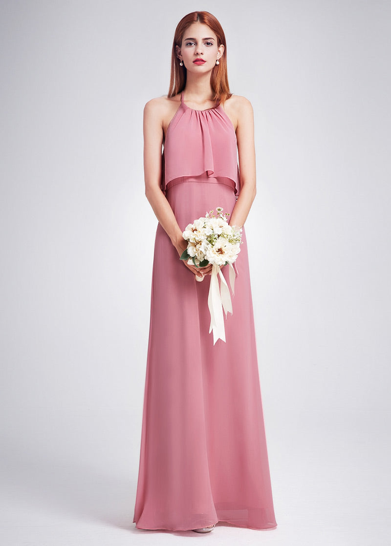 Open-Back Halter Chiffon A-Line Bridesmaid Dress with Popover Bodice
