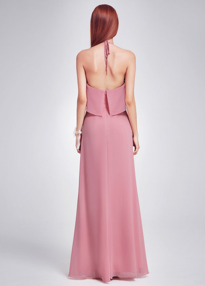 Open-Back Halter Chiffon A-Line Bridesmaid Dress with Popover Bodice