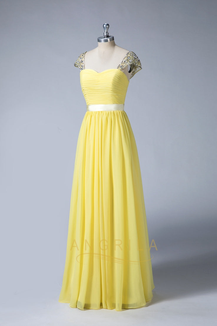 Ruched Cap-Sleeve Chiffon A-Line Bridesmaid Dress