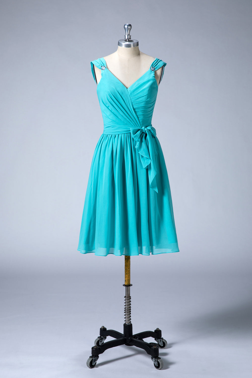 Short V-Neck Chiffon A-Line Cocktail Dress with Bow Sash