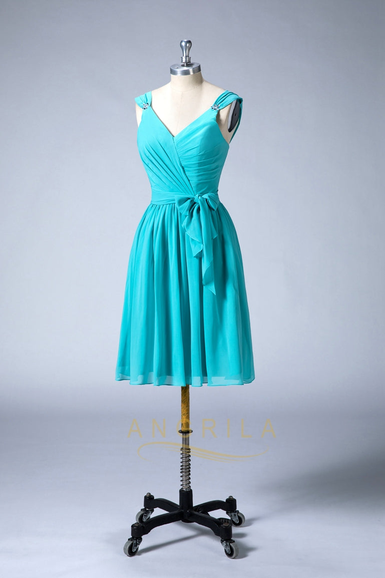 Short V-Neck Chiffon A-Line Cocktail Dress with Bow Sash
