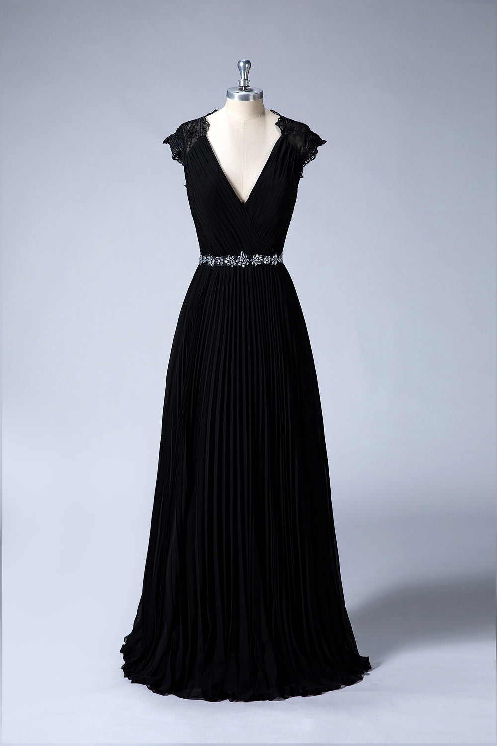 Pleated Chiffon A-Line Evening Gown with Lace Cap Sleeves