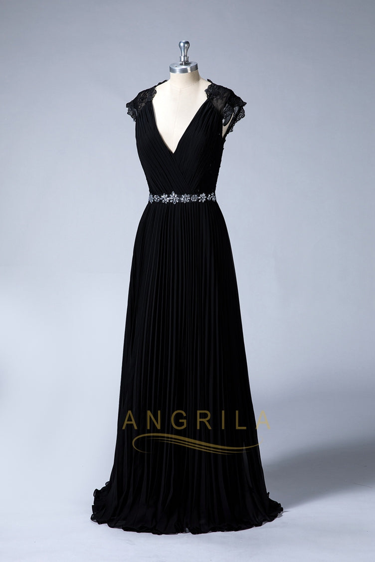 Pleated Chiffon A-Line Evening Gown with Lace Cap Sleeves