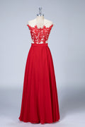 Ruby Red Chiffon A-Line Bridesmaid Dress with Floral Illusion Bodice