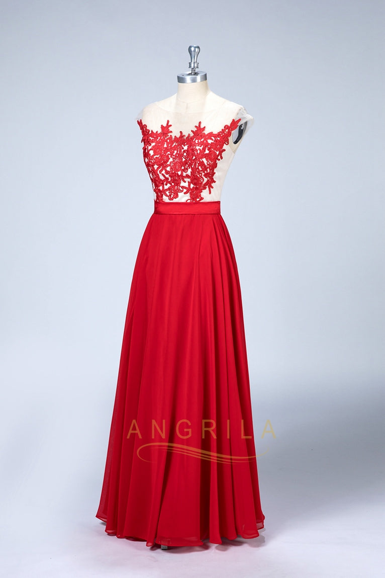 Chiffon A-Line Bridesmaid Dress with Floral Illusion Bodice