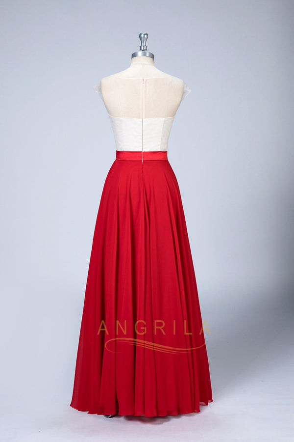Ruby Red Chiffon A-Line Bridesmaid Dress with Floral Illusion Bodice