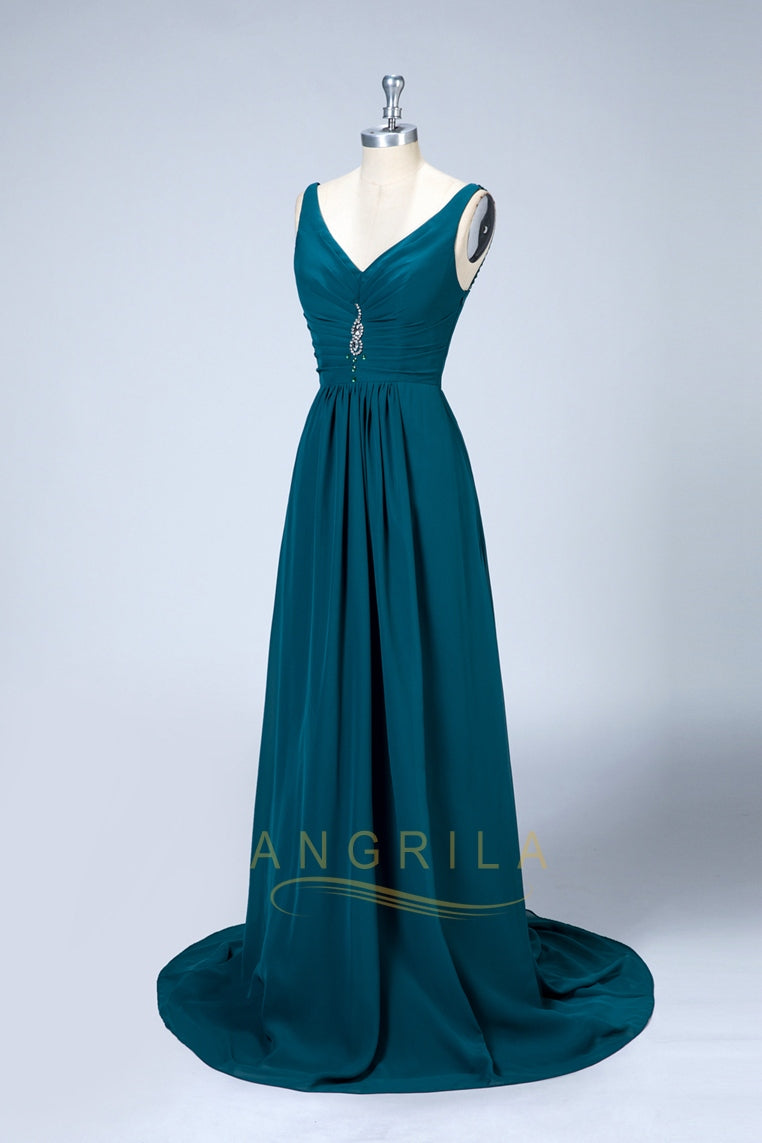 V-Neck Chiffon A-Line Bridesmaid Dress with Sweep Train