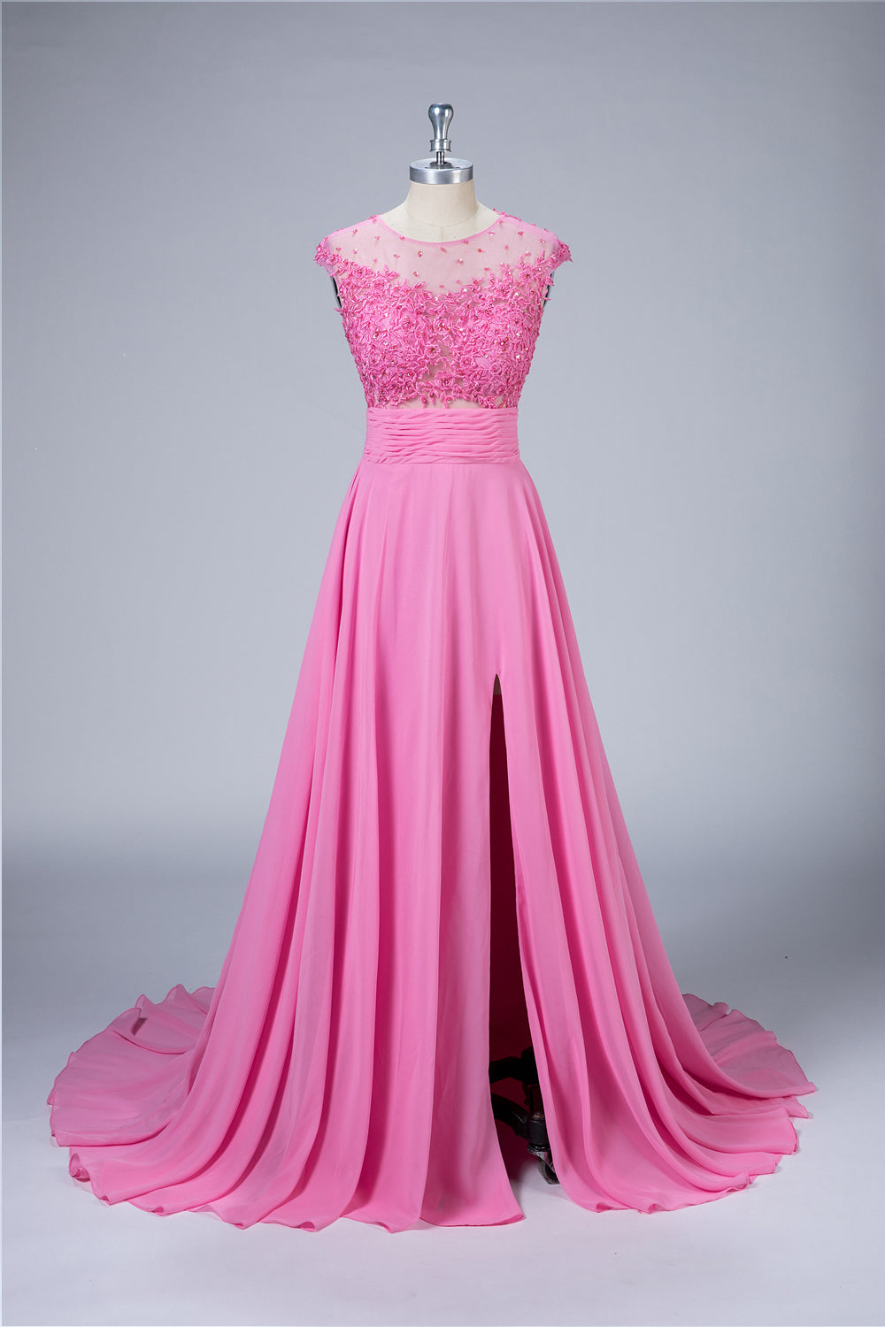 Illusion-Neck Lace and Chiffon A-Line Prom Dress with Slit