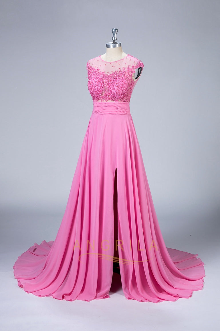 Illusion-Neck Lace and Chiffon A-Line Prom Dress with Slit