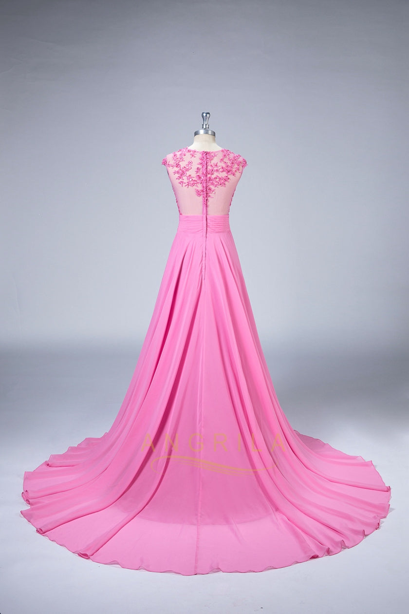 Illusion-Neck Lace and Chiffon A-Line Prom Dress with Slit