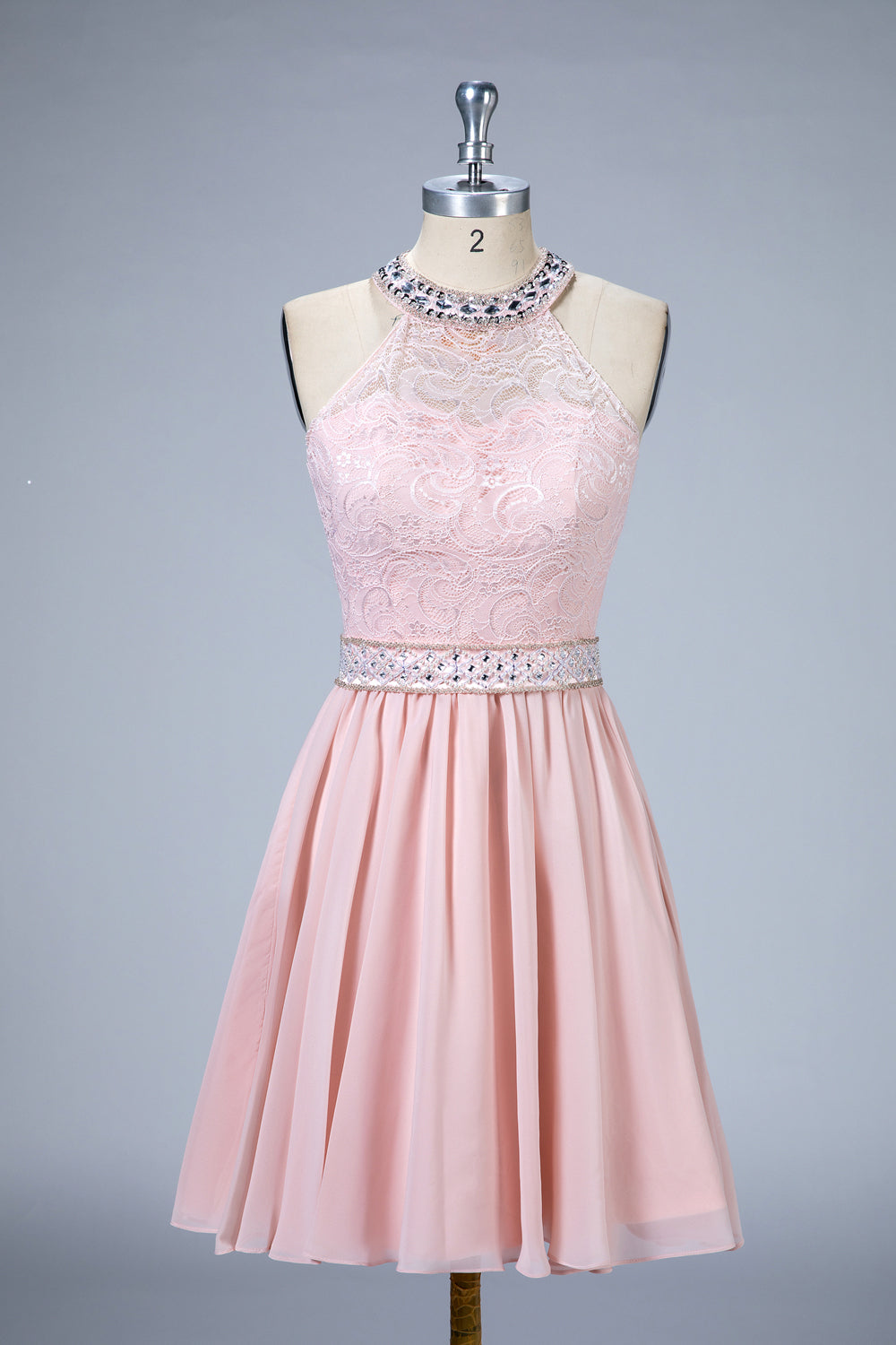 Halter A-Line Lace and Chiffon Homecoming Dresses