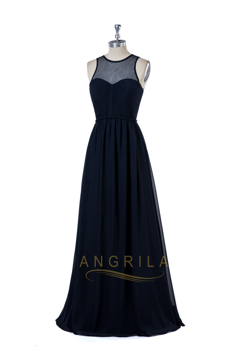 Illusion-Neck Chiffon A-Line Bridesmaid Dress with Keyhole Back