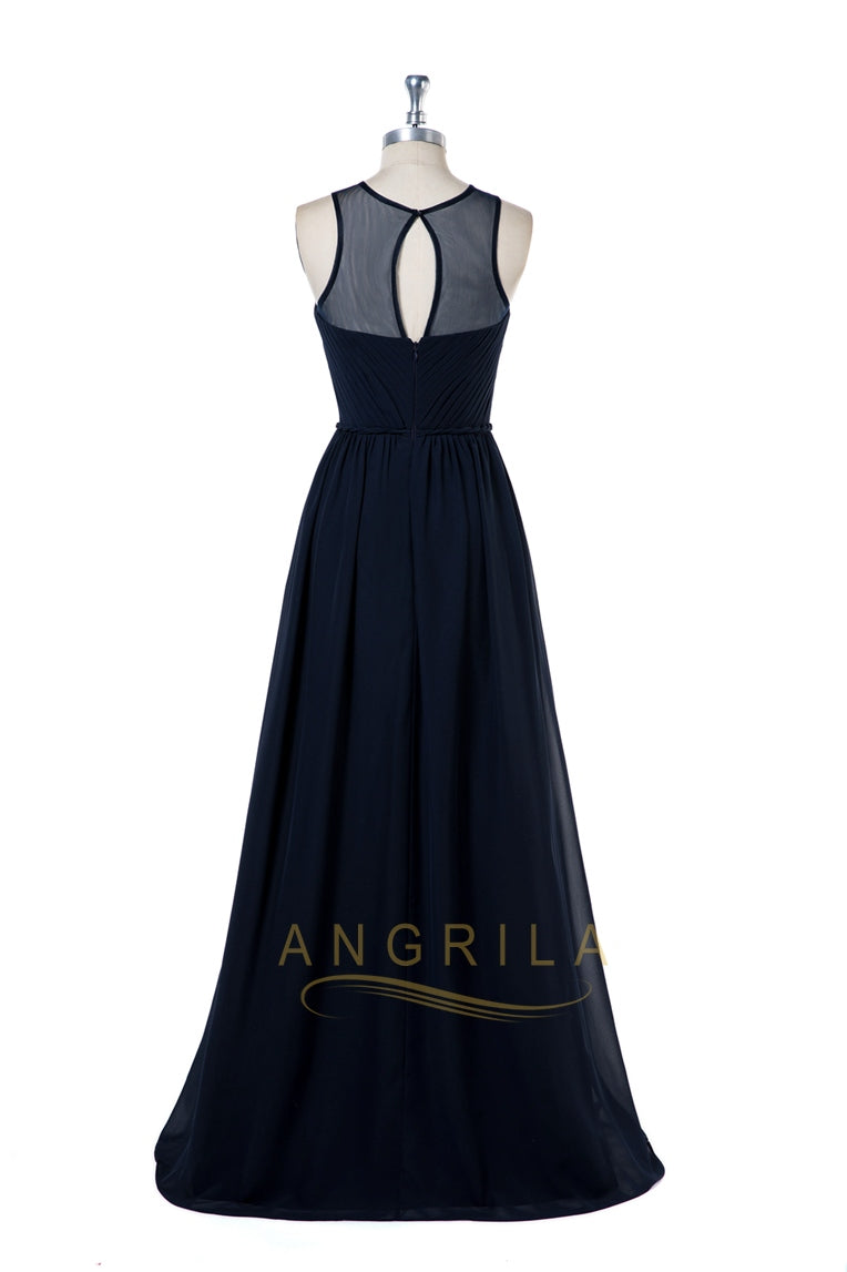 Illusion-Neck Chiffon A-Line Bridesmaid Dress with Keyhole Back