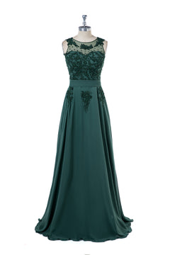Dark Green V-Back Floral-Applique Chiffon A-Line Bridesmaid Dress
