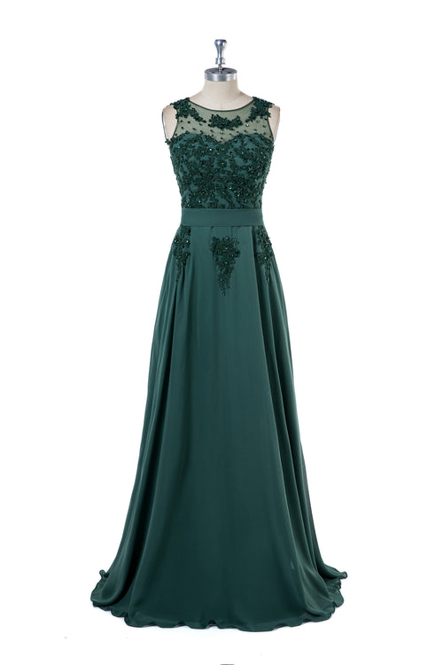 Dark Green V-Back Floral-Applique Chiffon A-Line Bridesmaid Dress