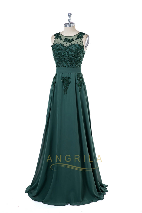 Dark Green V-Back Floral-Applique Chiffon A-Line Bridesmaid Dress