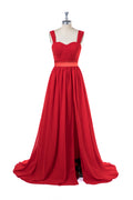 Ruby Red Sweetheart Chiffon A-Line Prom Dress with Front Slit and Train