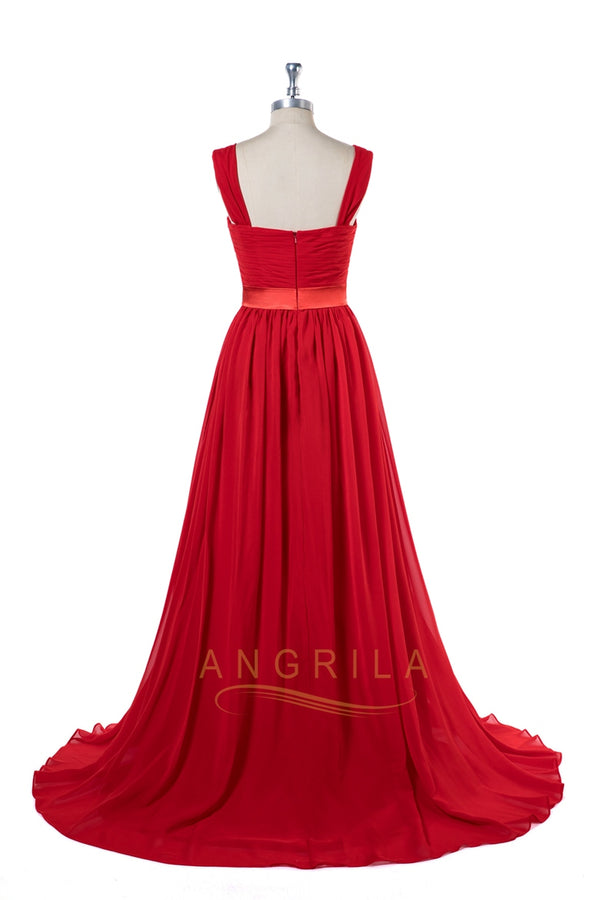 Ruby Red Sweetheart Chiffon A-Line Prom Dress with Front Slit and Train
