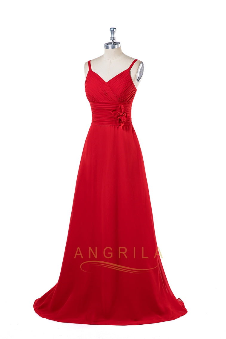 V-Neck Chiffon A-Line Prom Dress with Floral Waist Detail